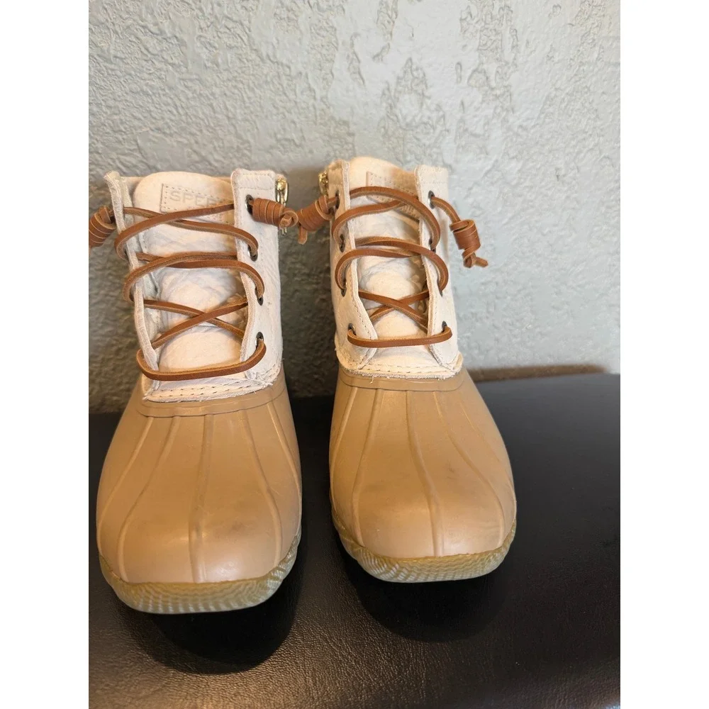 Sperry Saltwater Duck Boots Womens 5.5 Cream Tan Leather Rubber‎ STS88109 Ankle